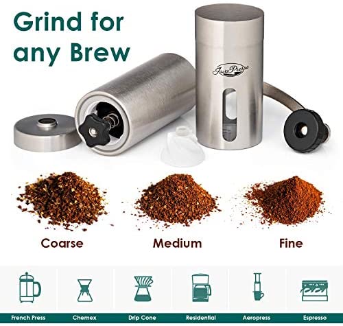 JavaPresse Manual Coffee Grinder with Adjustable Setting - Conical Burr Mill & Brushed Stainless Steel Whole Bean Burr Coffee Grinder for Aeropress, Drip Coffee, Espresso, French Press, Turkish Brew
