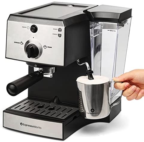 EspressoWorks 7 Pc All-In-One Espresso Machine & Cappuccino Maker Barista Bundle Set w/ Built-In Steamer & Frother (Inc: Coffee Bean Grinder, Milk Frothing Cup, Spoon/Tamper & 2 Cups), Stainless Steel (Silver)