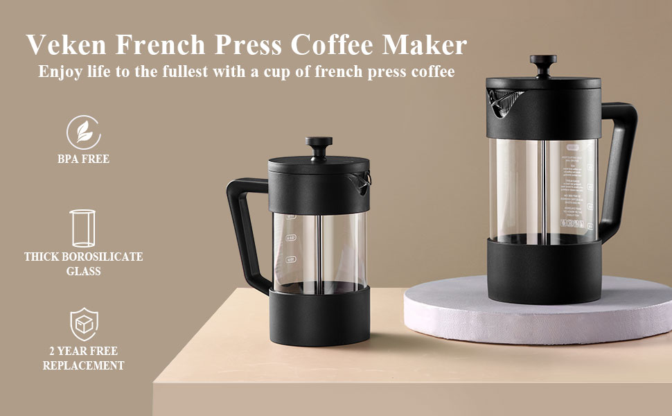 Veken French Press Coffee & Tea Maker 21oz, Thickened Borosilicate Glass Coffee Press with 3 Filter Screens, Rust-Free and Dishwasher Safe, 100% BPA Free, Black