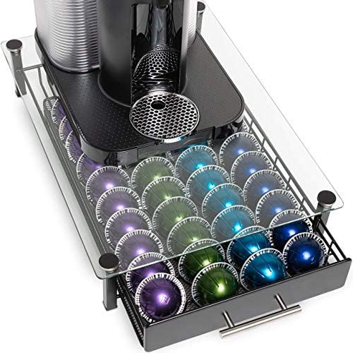 Nook & Niche brand Premium Glass Stand with Pod Drawer - For Nespresso VertuoLine and VertuoPlus Coffeemakers - (Stand is improved 2020 model. Capsules not incl.)
