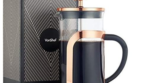 VonShef French Press Coffee and Tea Maker Premium Glass Heat Resistant Cafetiere, Stainless Steel 1 Liter, 34 Ounce, 8 Cup Copper